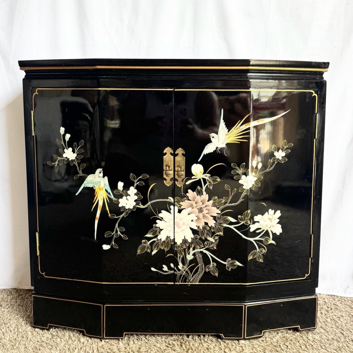 Vintage Chinese Hand Painted Black Lacquered Credenza Cabinet - Dolphin & Flamingo