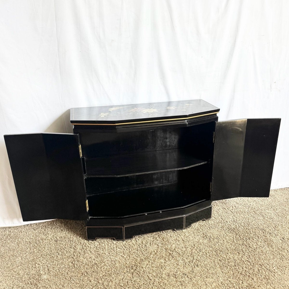 Vintage Chinese Hand Painted Black Lacquered Credenza Cabinet - Dolphin & Flamingo