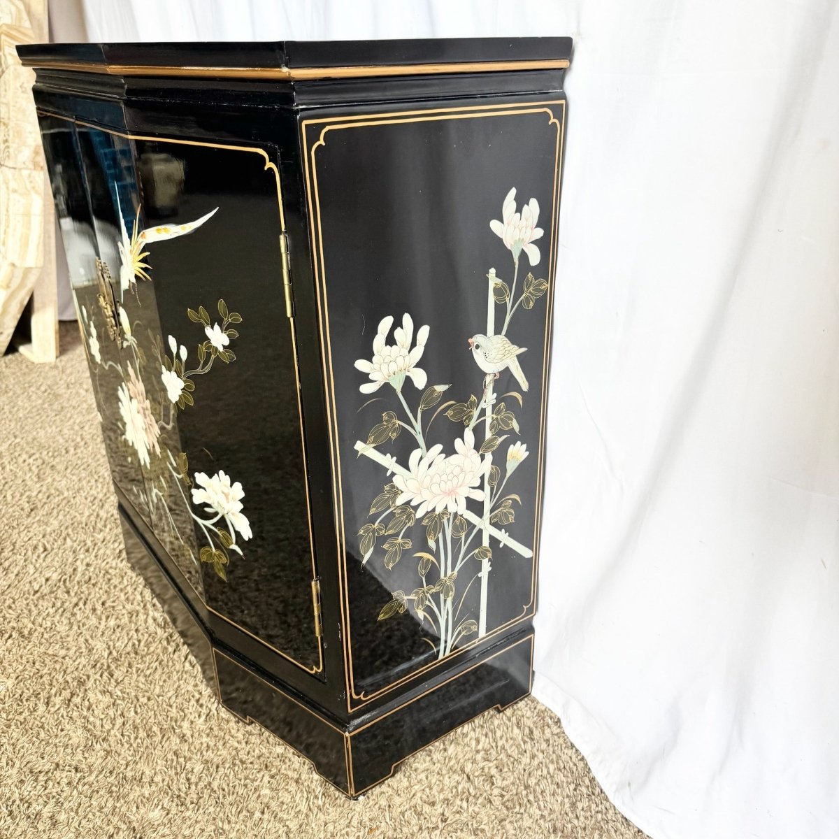 Vintage Chinese Hand Painted Black Lacquered Credenza Cabinet - Dolphin & Flamingo