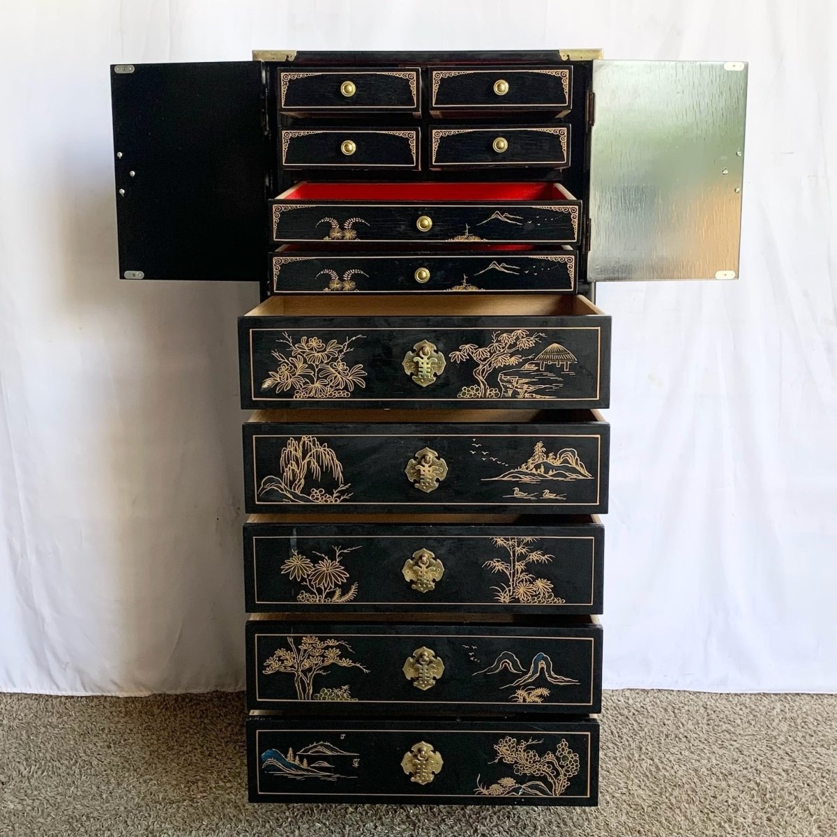 Vintage Chinese Hand Painted Black Lingerie Chest/Highboy With Gold Accents - Dolphin & Flamingo