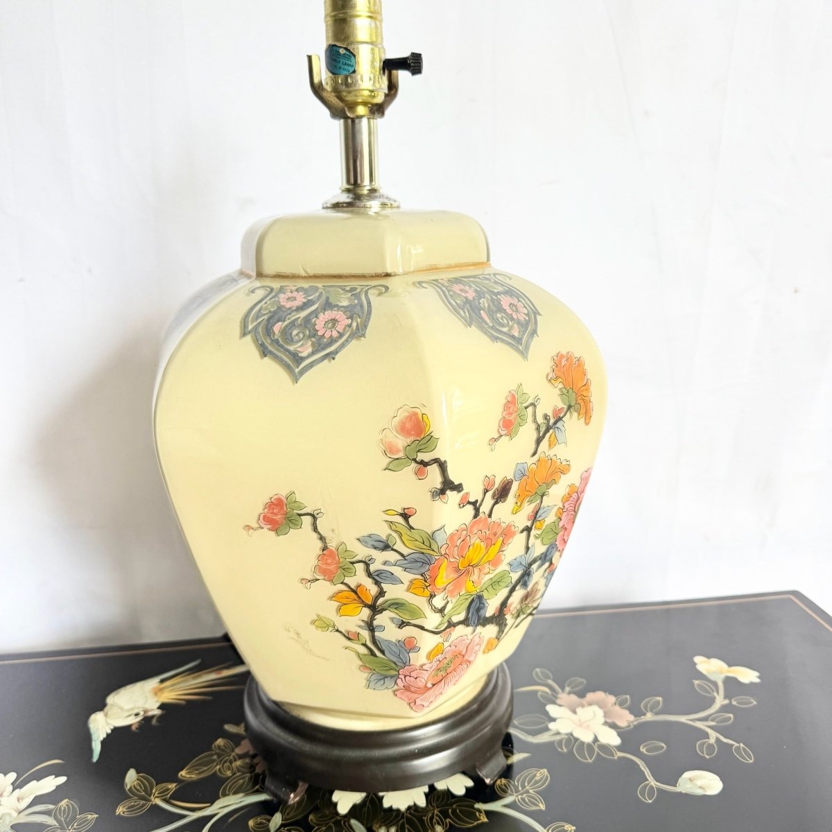 Vintage Chinese Hand Painted Glass Table Lamp - Dolphin & Flamingo