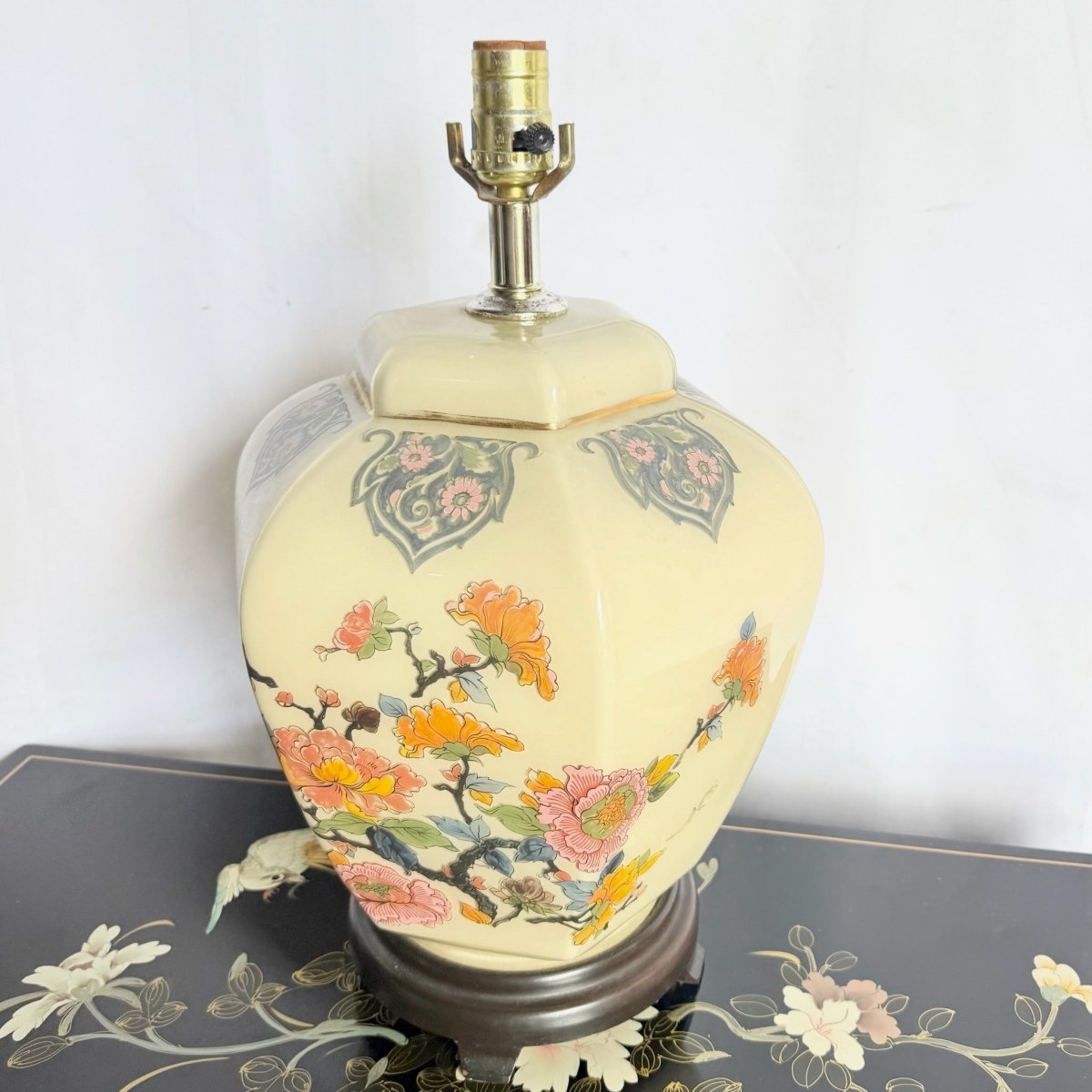 Vintage Chinese Hand Painted Glass Table Lamp - Dolphin & Flamingo