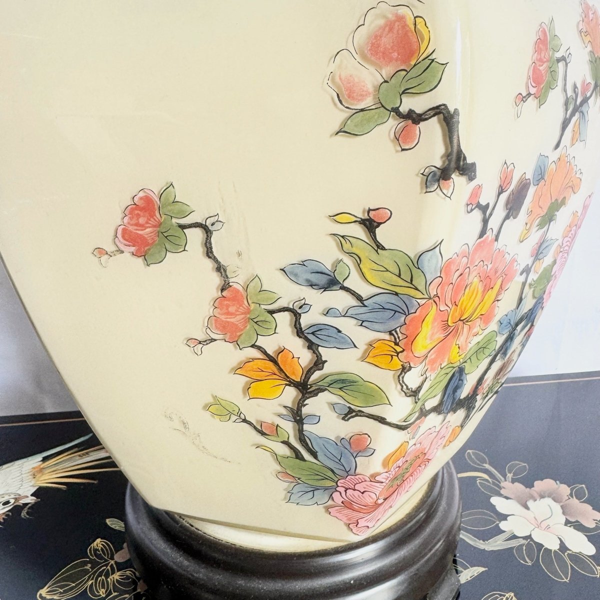 Vintage Chinese Hand Painted Glass Table Lamp - Dolphin & Flamingo