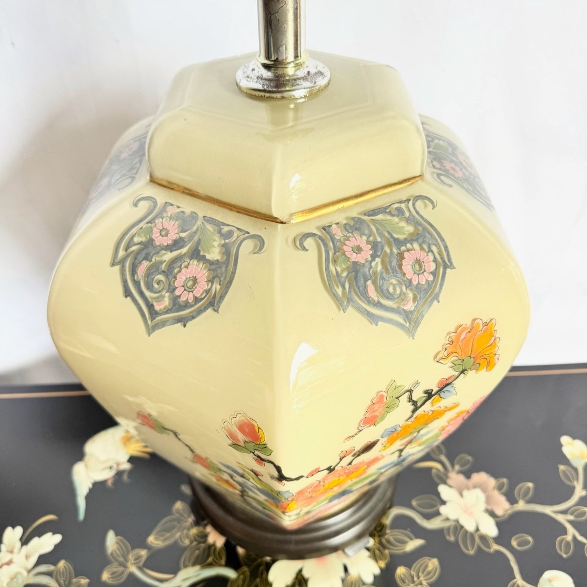 Vintage Chinese Hand Painted Glass Table Lamp - Dolphin & Flamingo