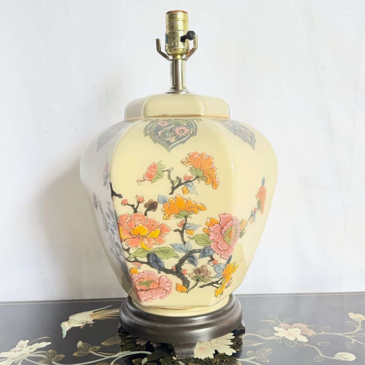 Vintage Chinese Hand Painted Glass Table Lamp - Dolphin & Flamingo