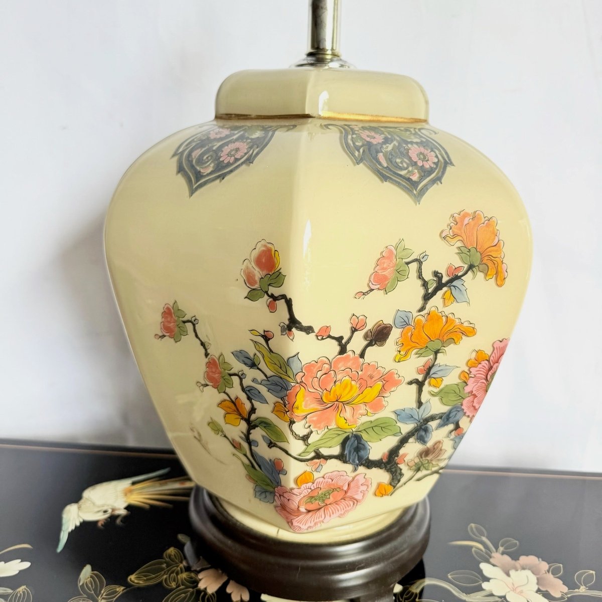 Vintage Chinese Hand Painted Glass Table Lamp - Dolphin & Flamingo