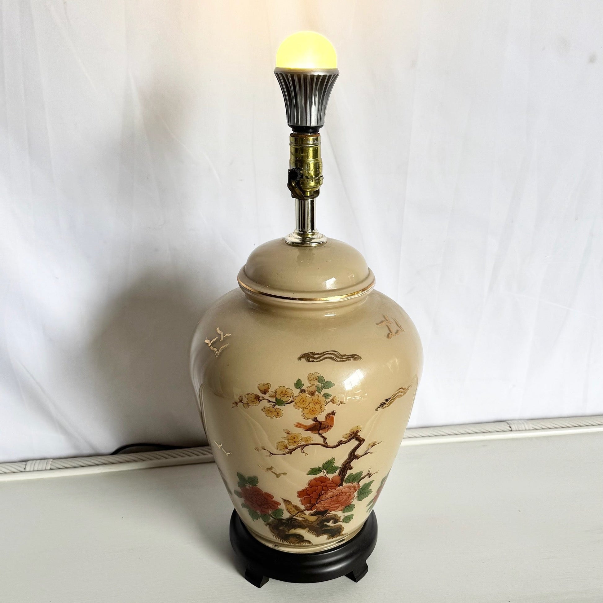 Vintage Chinese Hand Painted Glass Table Lamp With Wooden Base - Dolphin & Flamingo