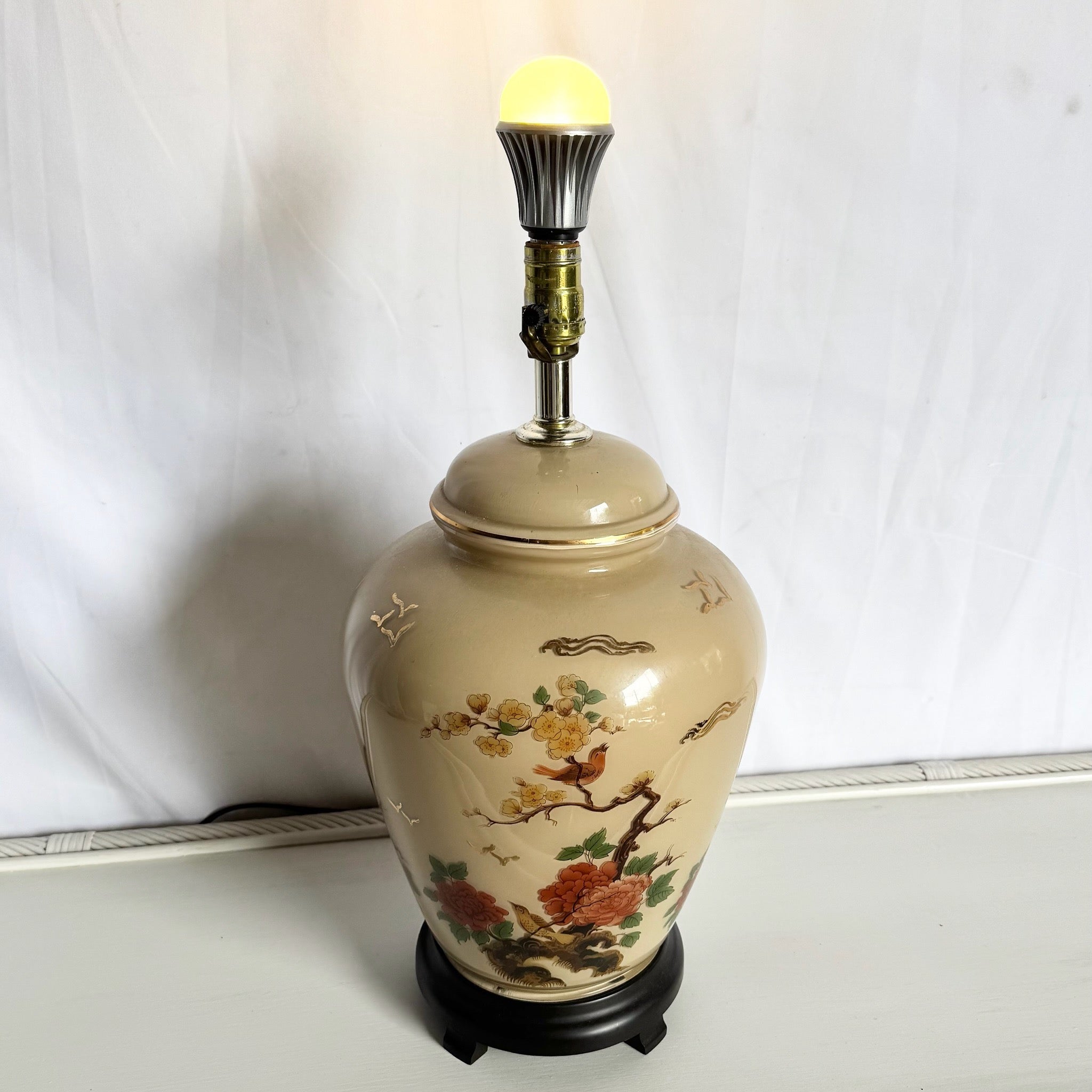 Vintage Chinese Hand Painted Glass Table Lamp With Wooden Base - Dolphin & Flamingo