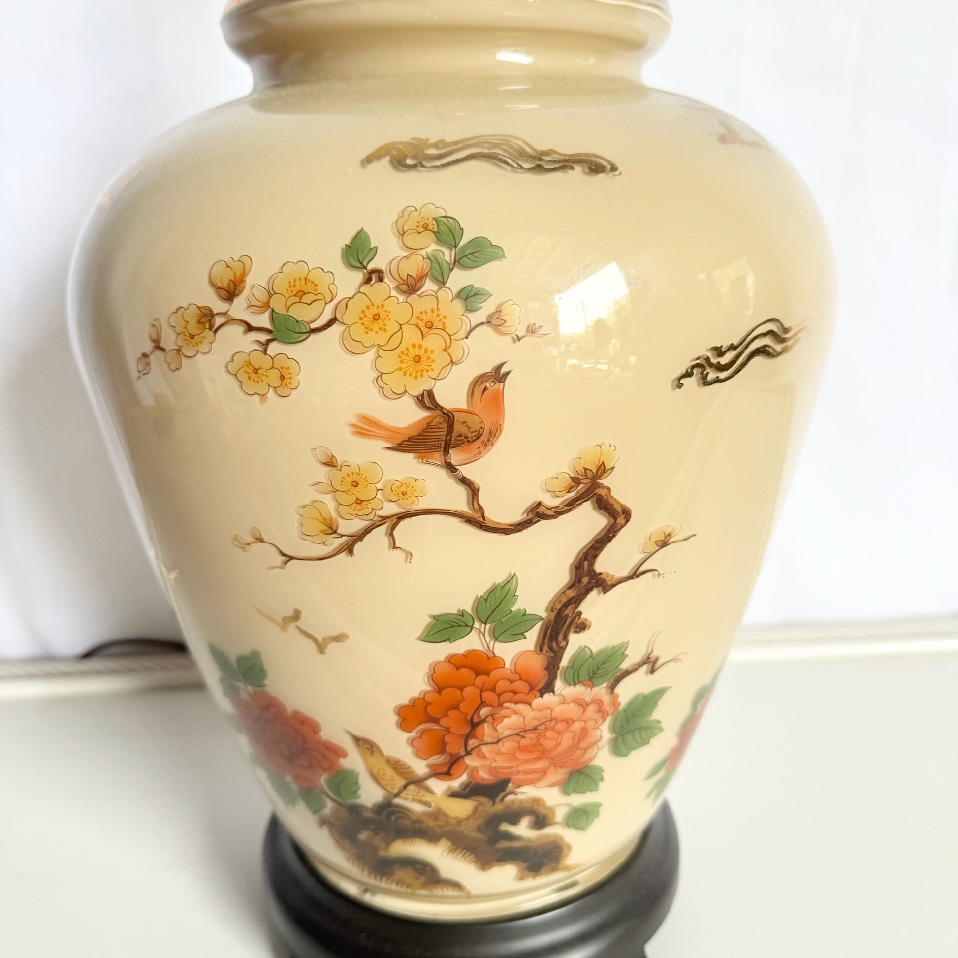 Vintage Chinese Hand Painted Glass Table Lamp With Wooden Base - Dolphin & Flamingo