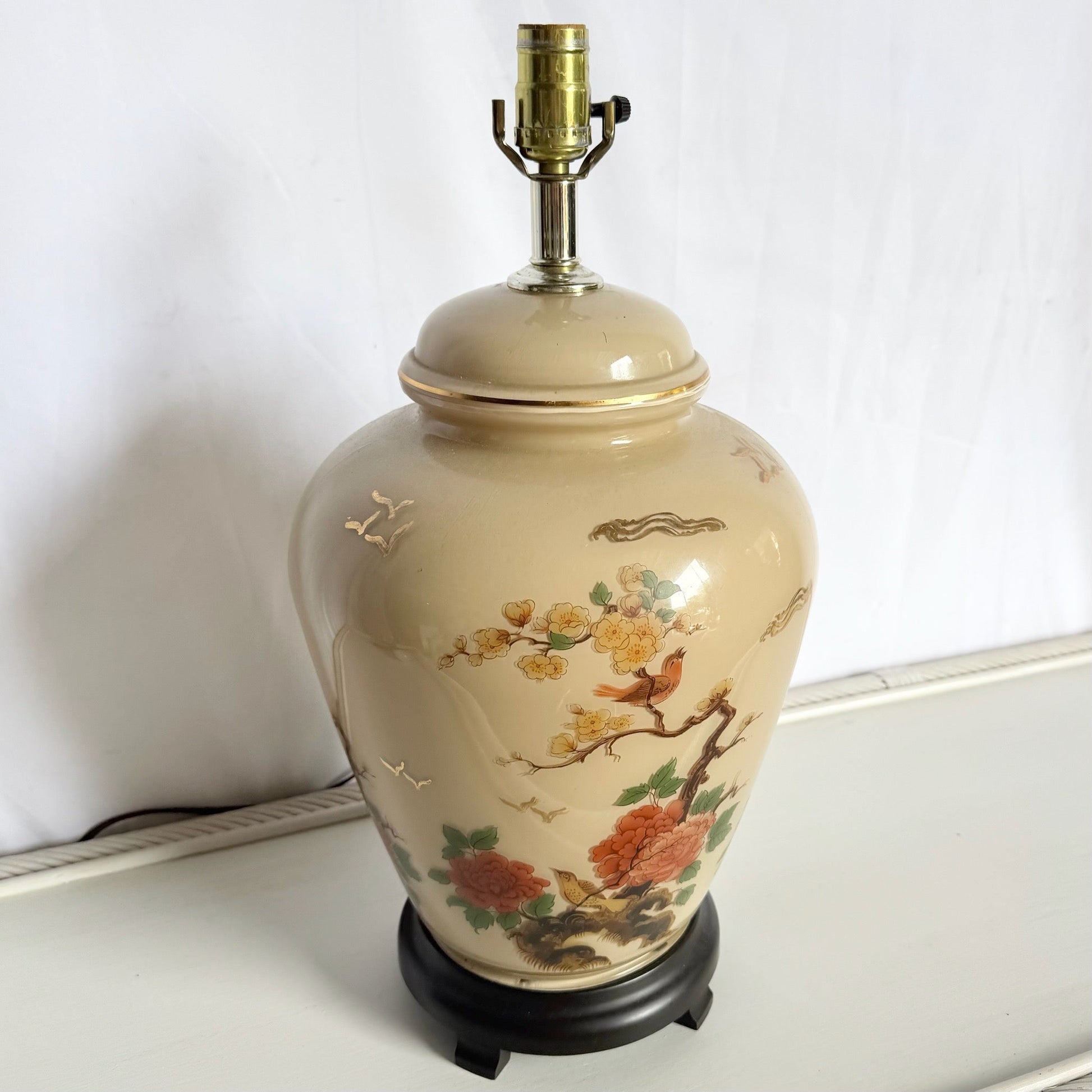 Vintage Chinese Hand Painted Glass Table Lamp With Wooden Base - Dolphin & Flamingo
