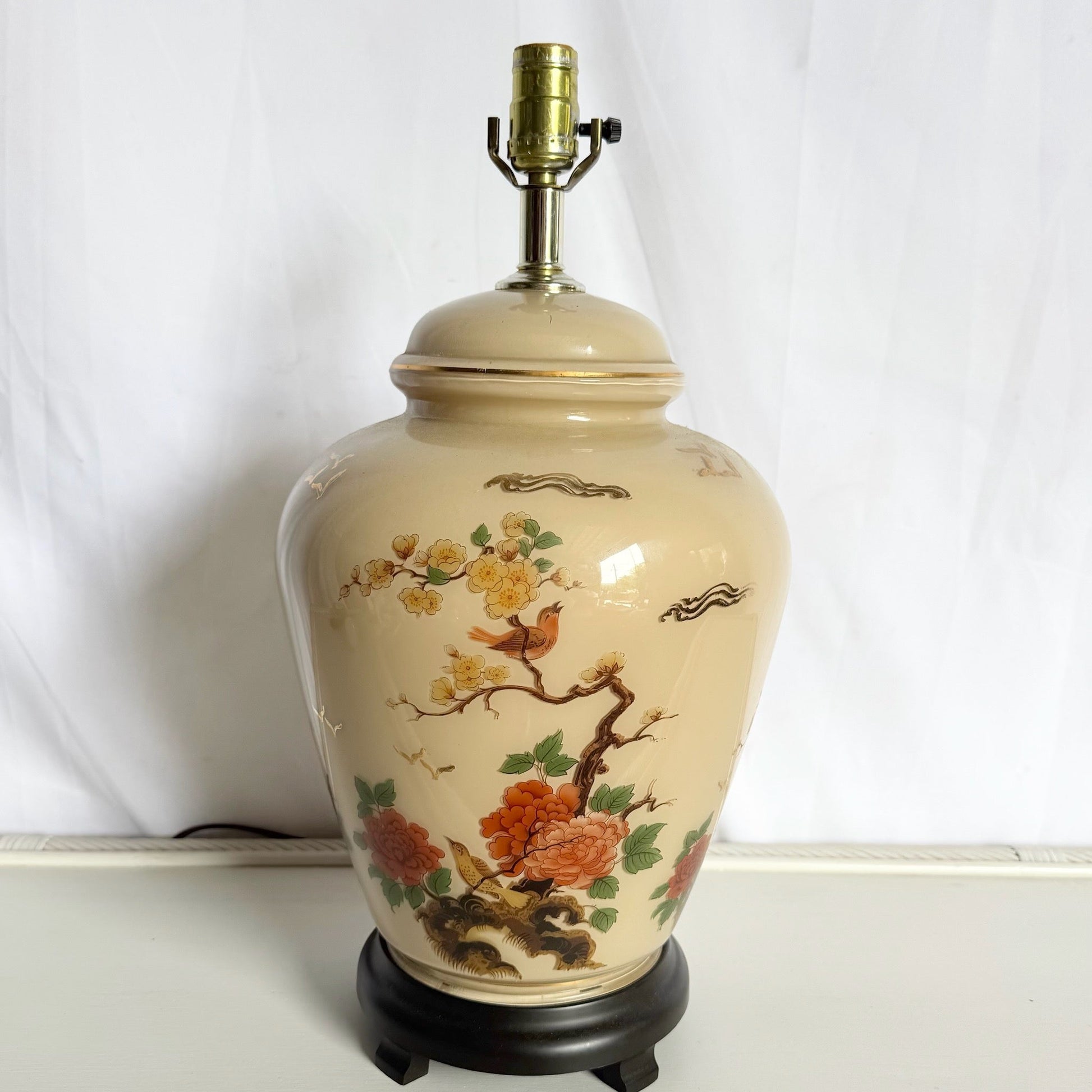 Vintage Chinese Hand Painted Glass Table Lamp With Wooden Base - Dolphin & Flamingo