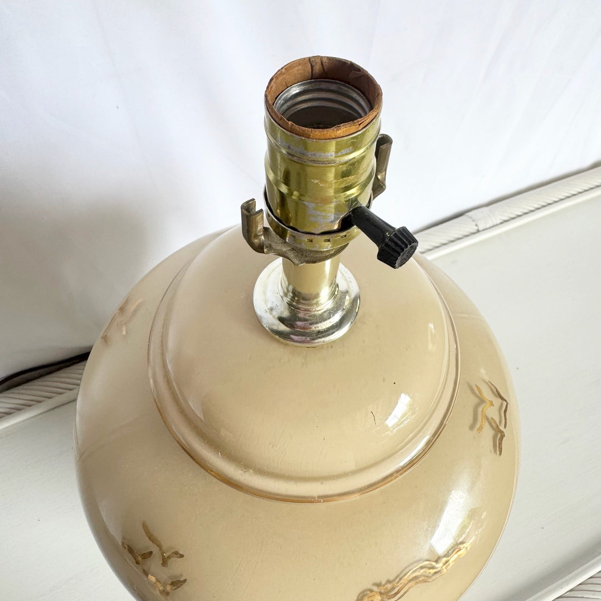 Vintage Chinese Hand Painted Glass Table Lamp With Wooden Base - Dolphin & Flamingo