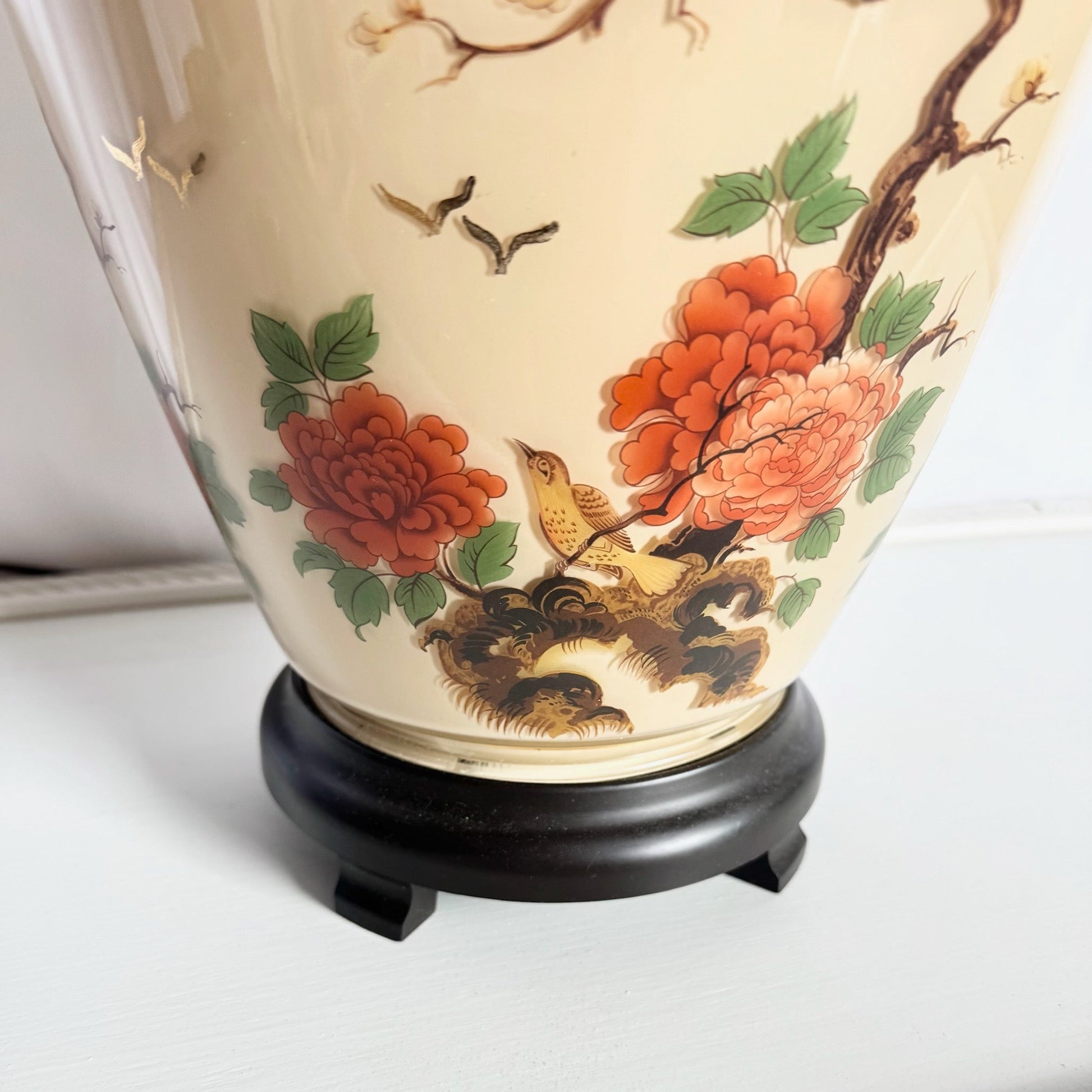 Vintage Chinese Hand Painted Glass Table Lamp With Wooden Base - Dolphin & Flamingo