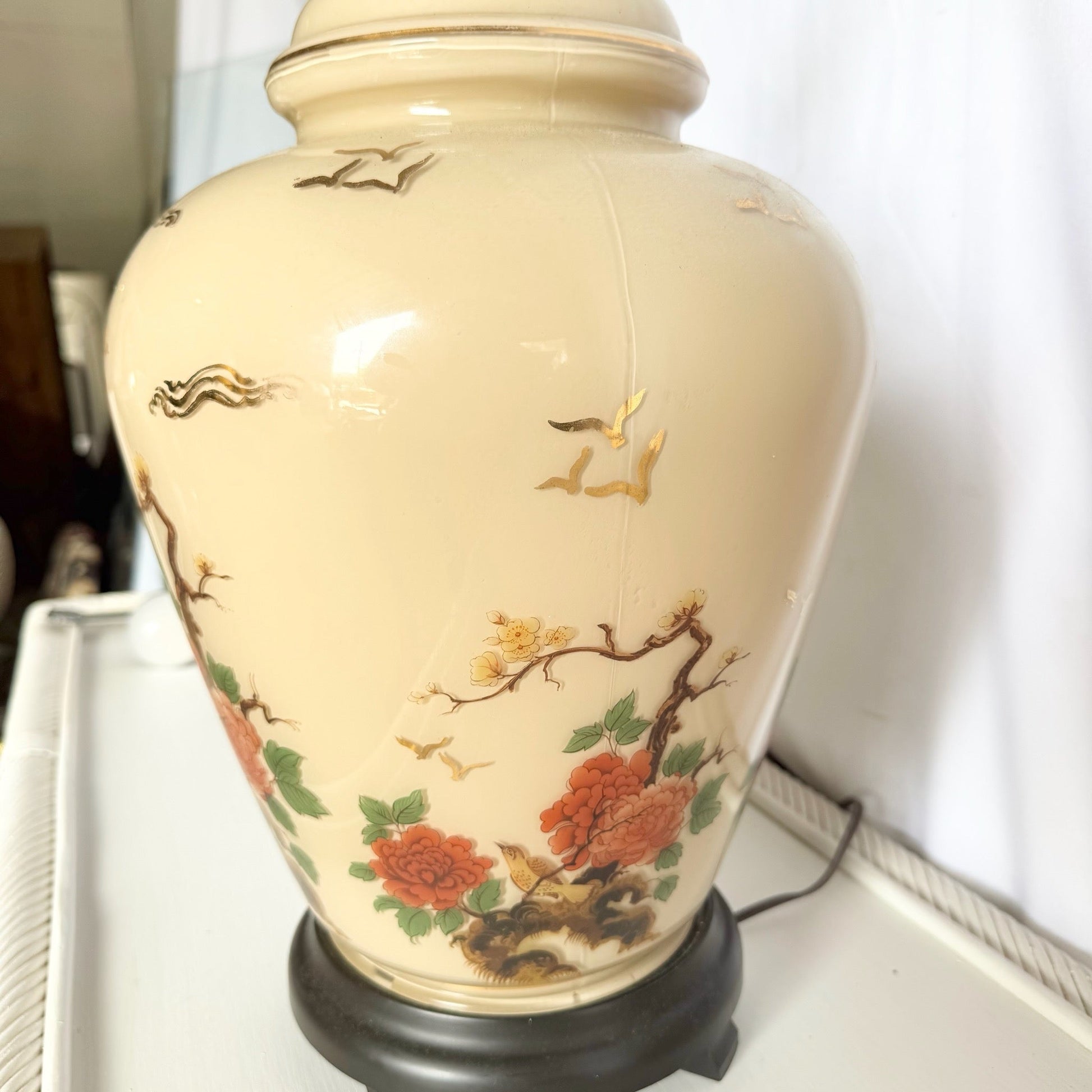 Vintage Chinese Hand Painted Glass Table Lamp With Wooden Base - Dolphin & Flamingo