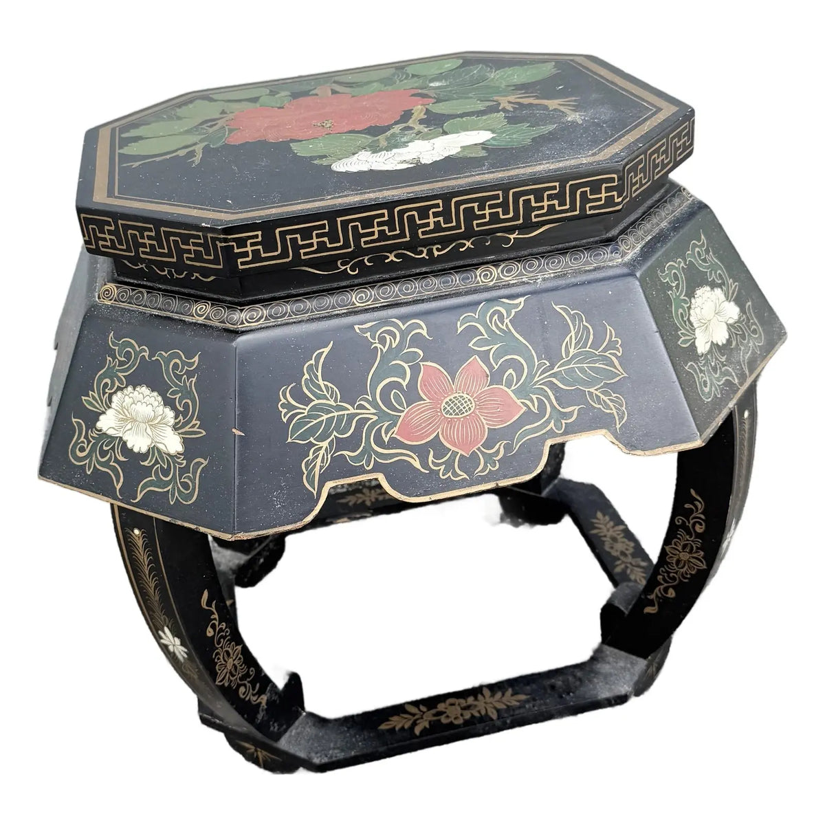 Vintage Chinese Hand Painted Low Stool/Side Table Dolphin & Flamingo