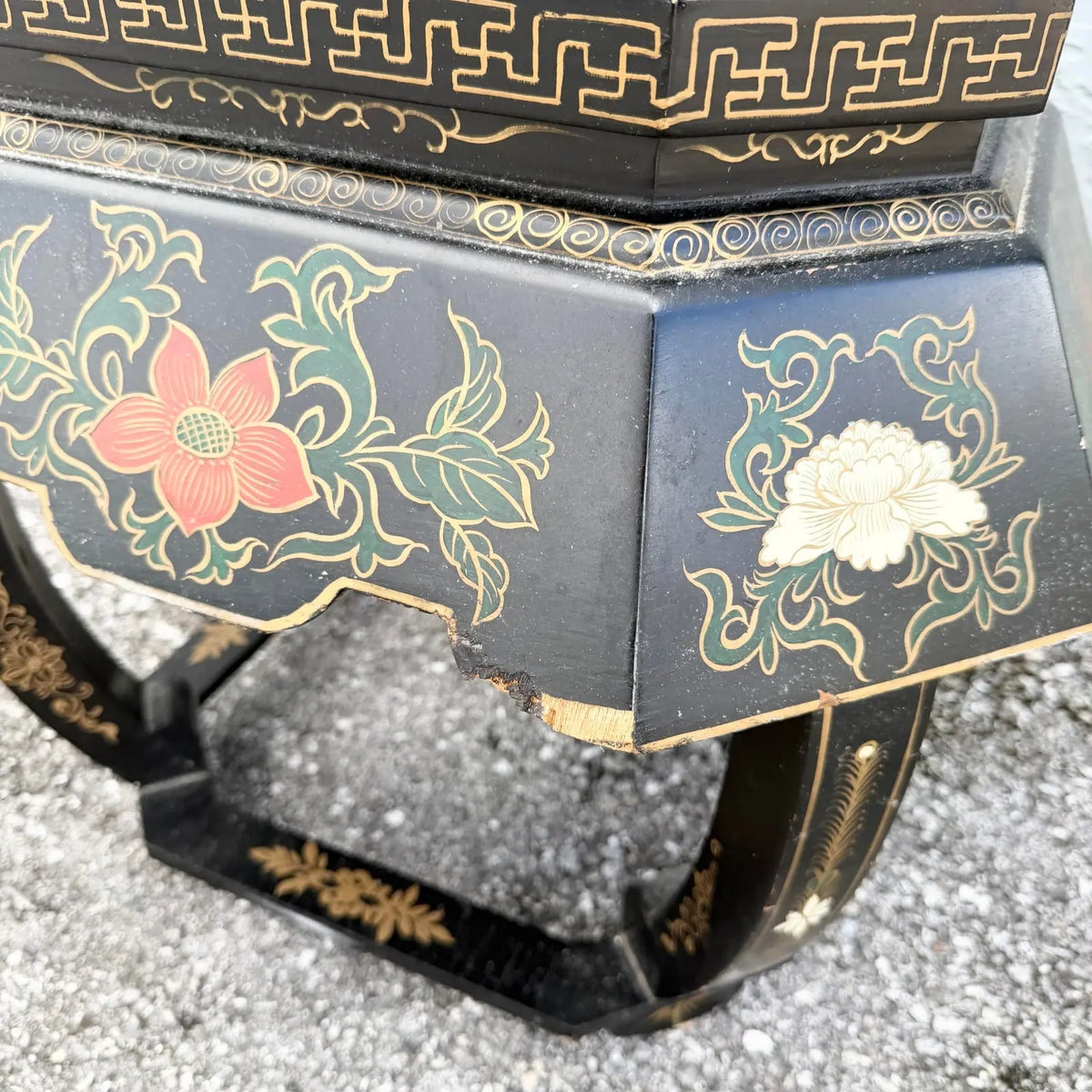 Vintage Chinese Hand Painted Low Stool/Side Table Dolphin & Flamingo