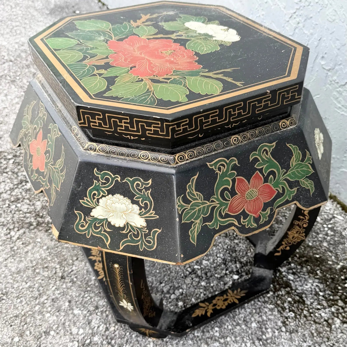 Vintage Chinese Hand Painted Low Stool/Side Table Dolphin & Flamingo