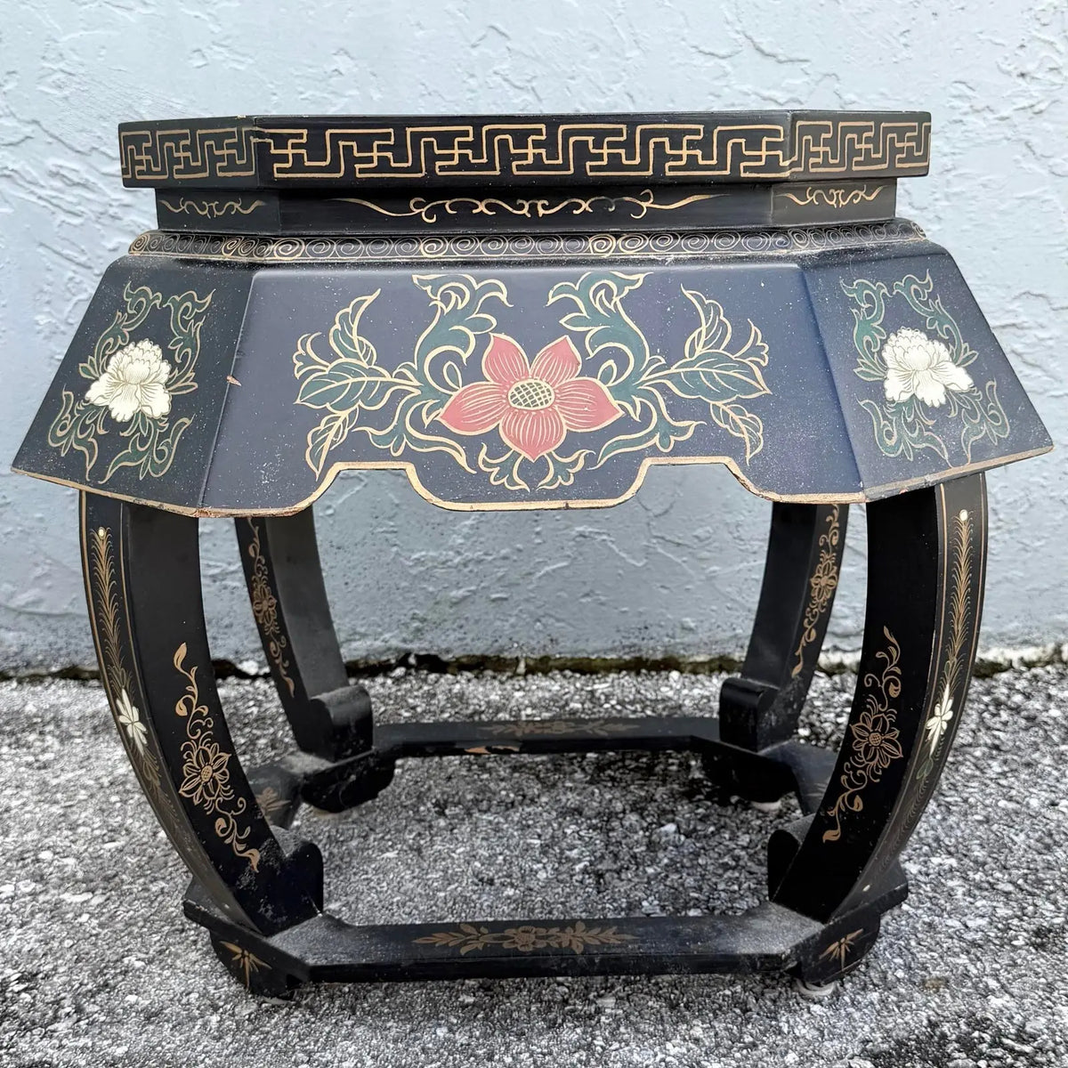 Vintage Chinese Hand Painted Low Stool/Side Table Dolphin & Flamingo