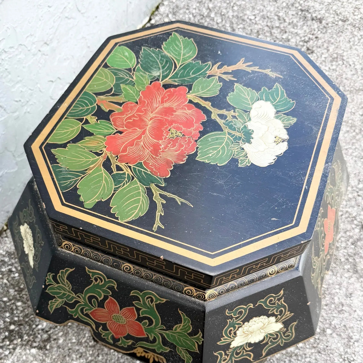 Vintage Chinese Hand Painted Low Stool/Side Table Dolphin & Flamingo