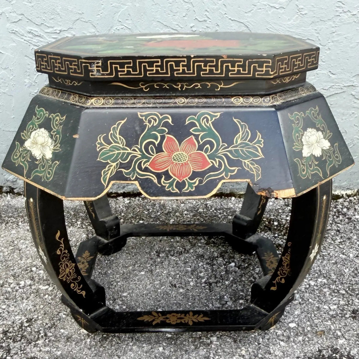 Vintage Chinese Hand Painted Low Stool/Side Table Dolphin & Flamingo