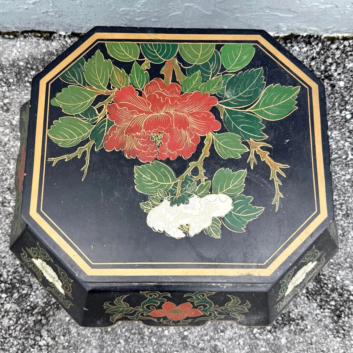 Vintage Chinese Hand Painted Low Stool/Side Table Dolphin & Flamingo