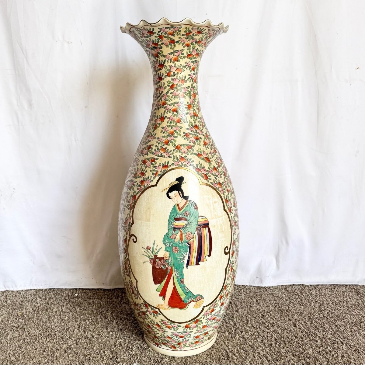 Vintage Chinese Hand Painted Porcelain Floor Vase - Dolphin & Flamingo