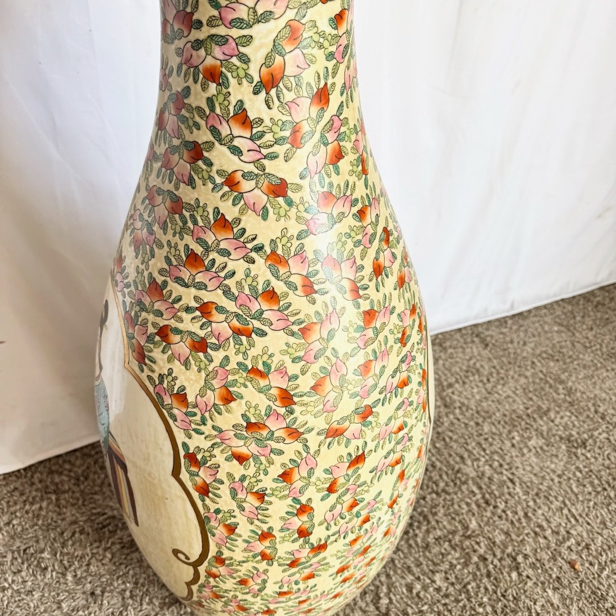 Vintage Chinese Hand Painted Porcelain Floor Vase - Dolphin & Flamingo