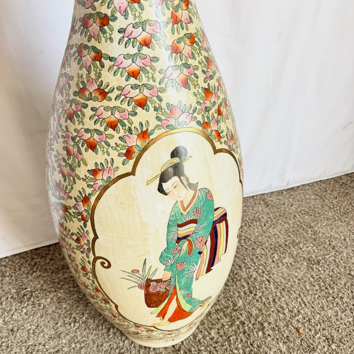 Vintage Chinese Hand Painted Porcelain Floor Vase - Dolphin & Flamingo