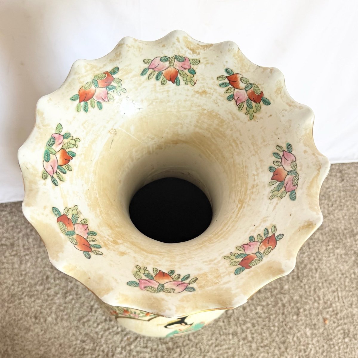 Vintage Chinese Hand Painted Porcelain Floor Vase - Dolphin & Flamingo