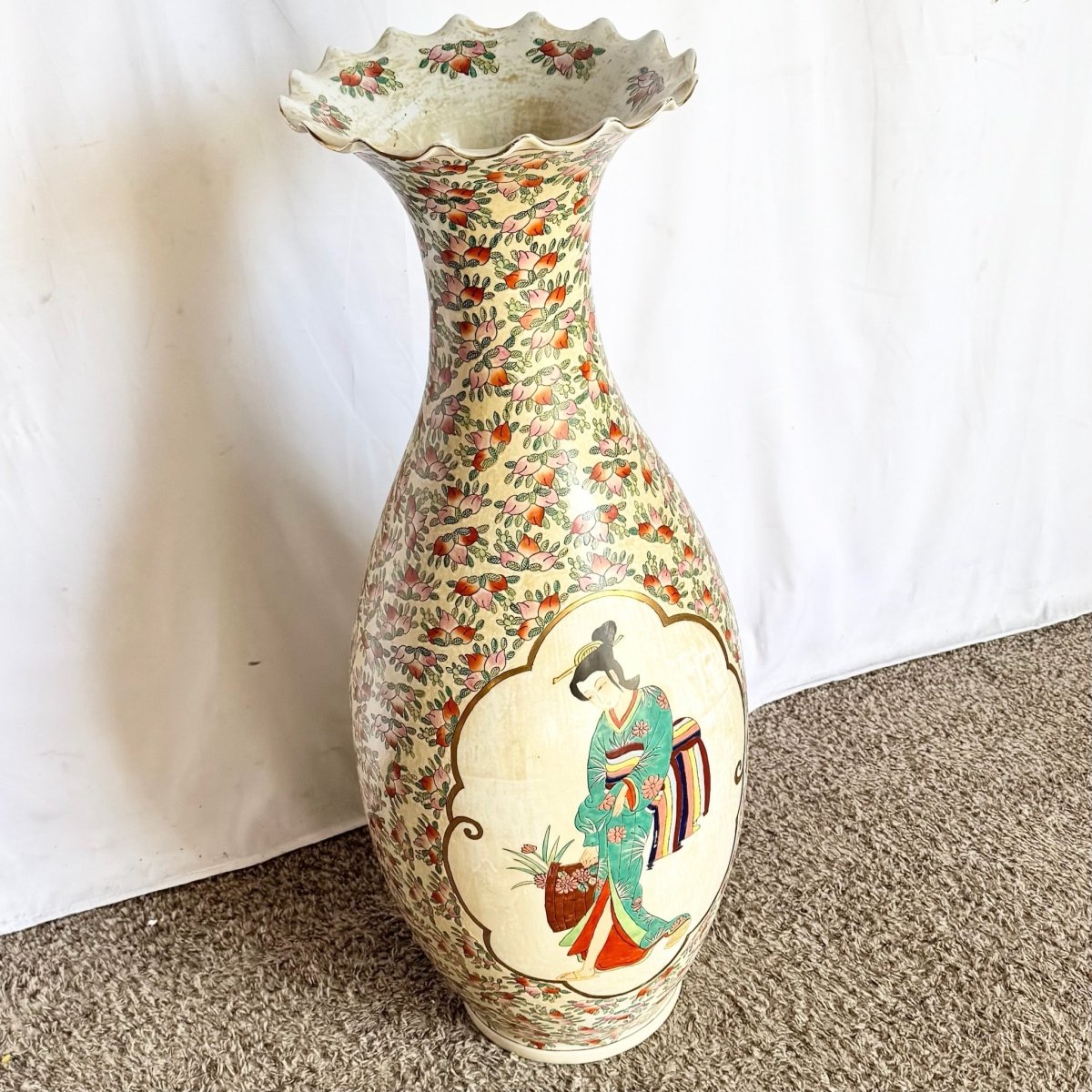 Vintage Chinese Hand Painted Porcelain Floor Vase - Dolphin & Flamingo