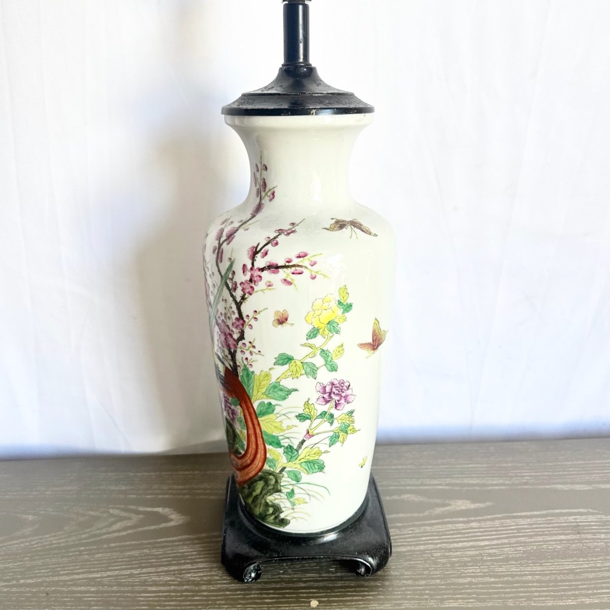 Vintage Chinese Hand Painted Porcelain Table Lamp - Dolphin & Flamingo