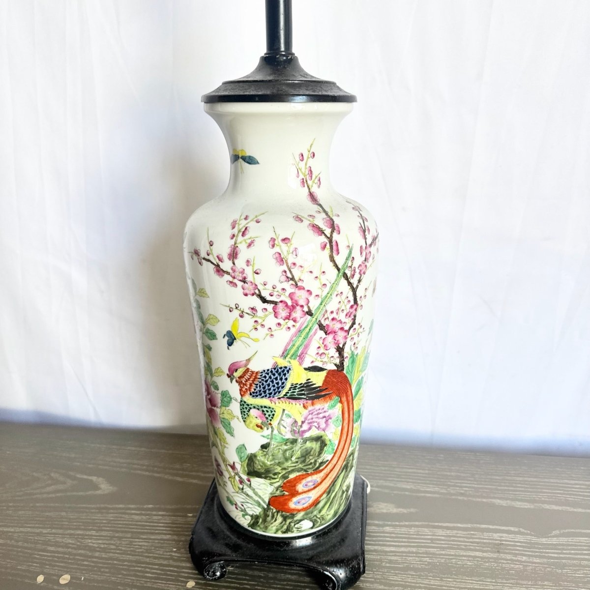 Vintage Chinese Hand Painted Porcelain Table Lamp - Dolphin & Flamingo