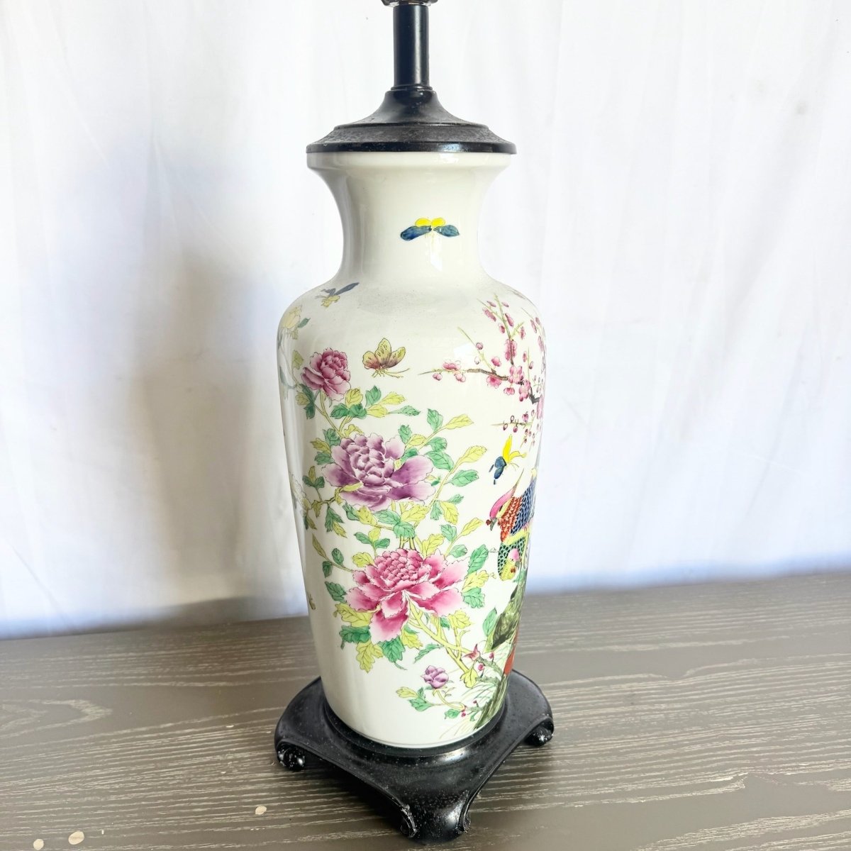 Vintage Chinese Hand Painted Porcelain Table Lamp - Dolphin & Flamingo