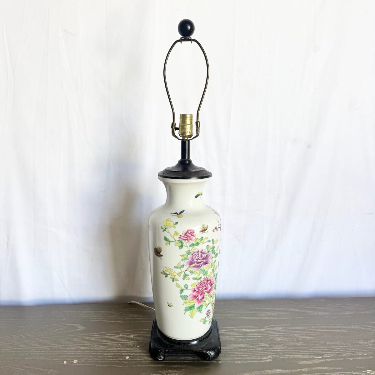Vintage Chinese Hand Painted Porcelain Table Lamp - Dolphin & Flamingo