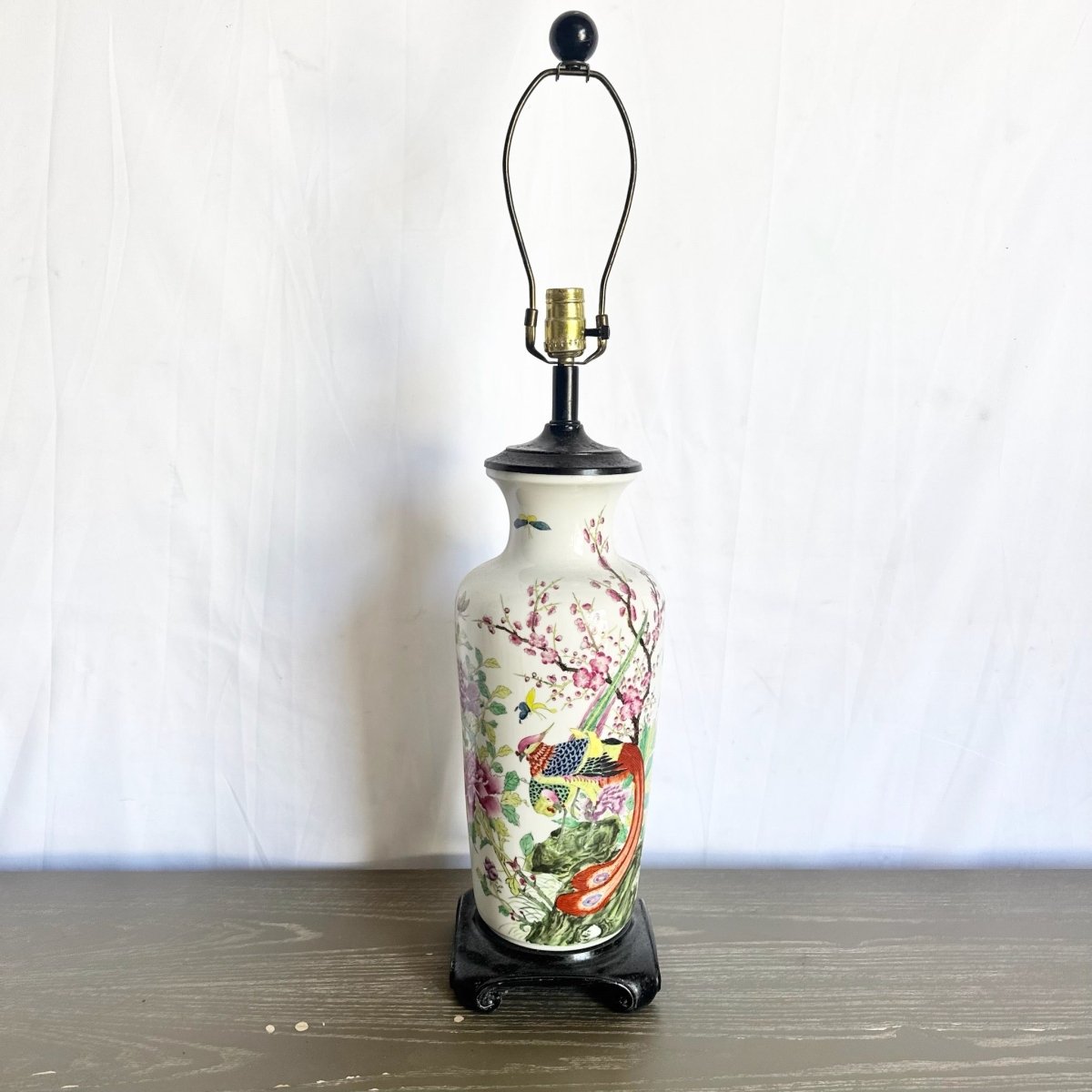 Vintage Chinese Hand Painted Porcelain Table Lamp - Dolphin & Flamingo