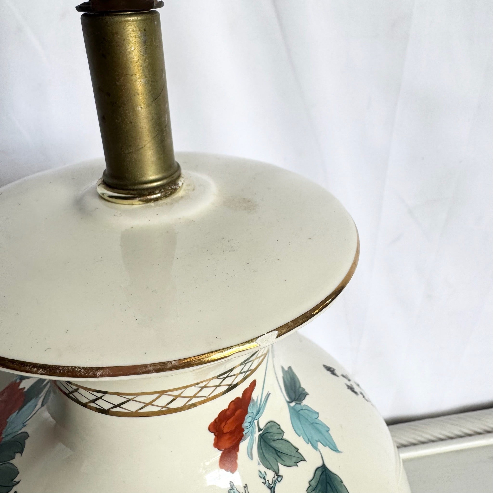 Vintage Chinese Hand Painted Porcelain Table Lamp on Brass Base - Dolphin & Flamingo