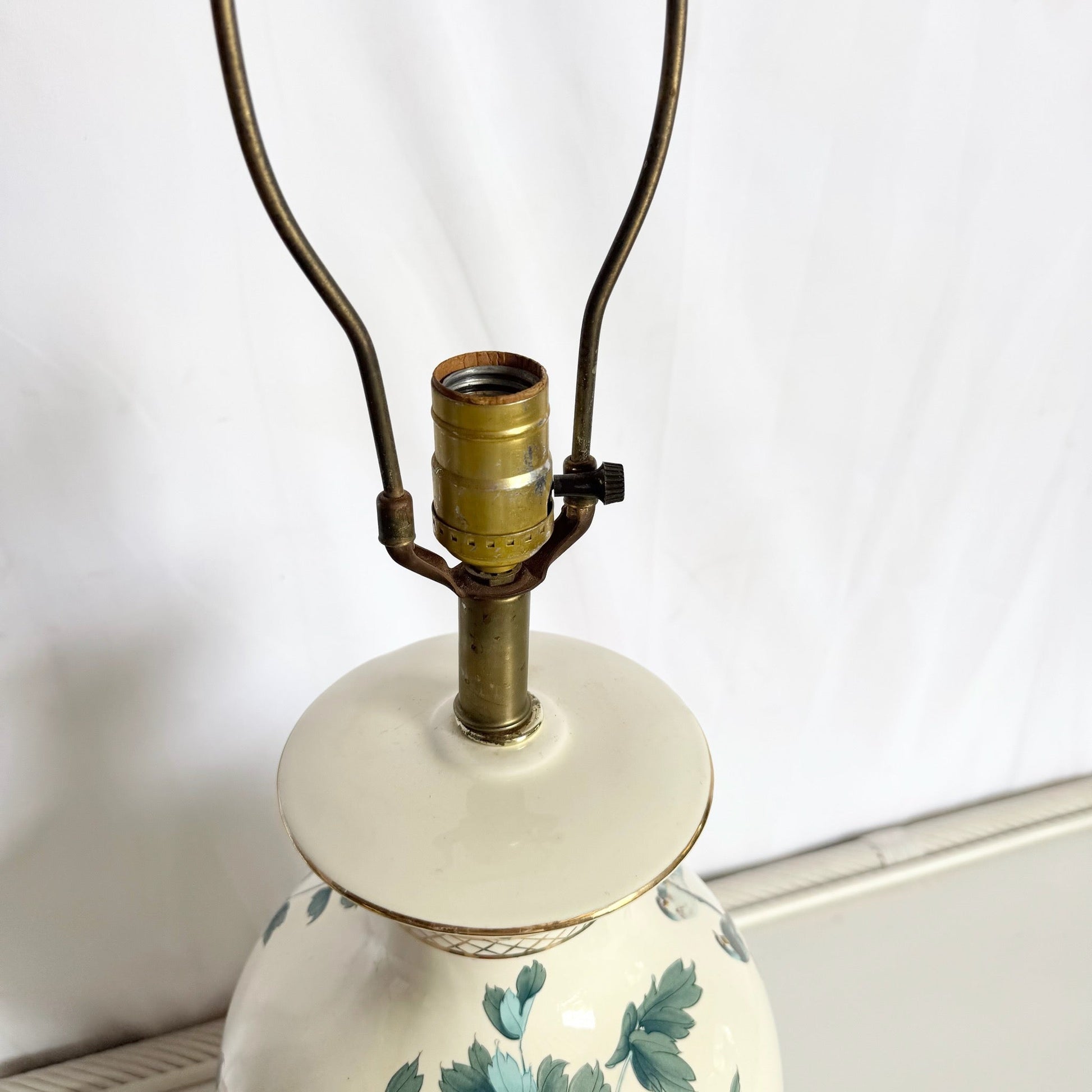 Vintage Chinese Hand Painted Porcelain Table Lamp on Brass Base - Dolphin & Flamingo