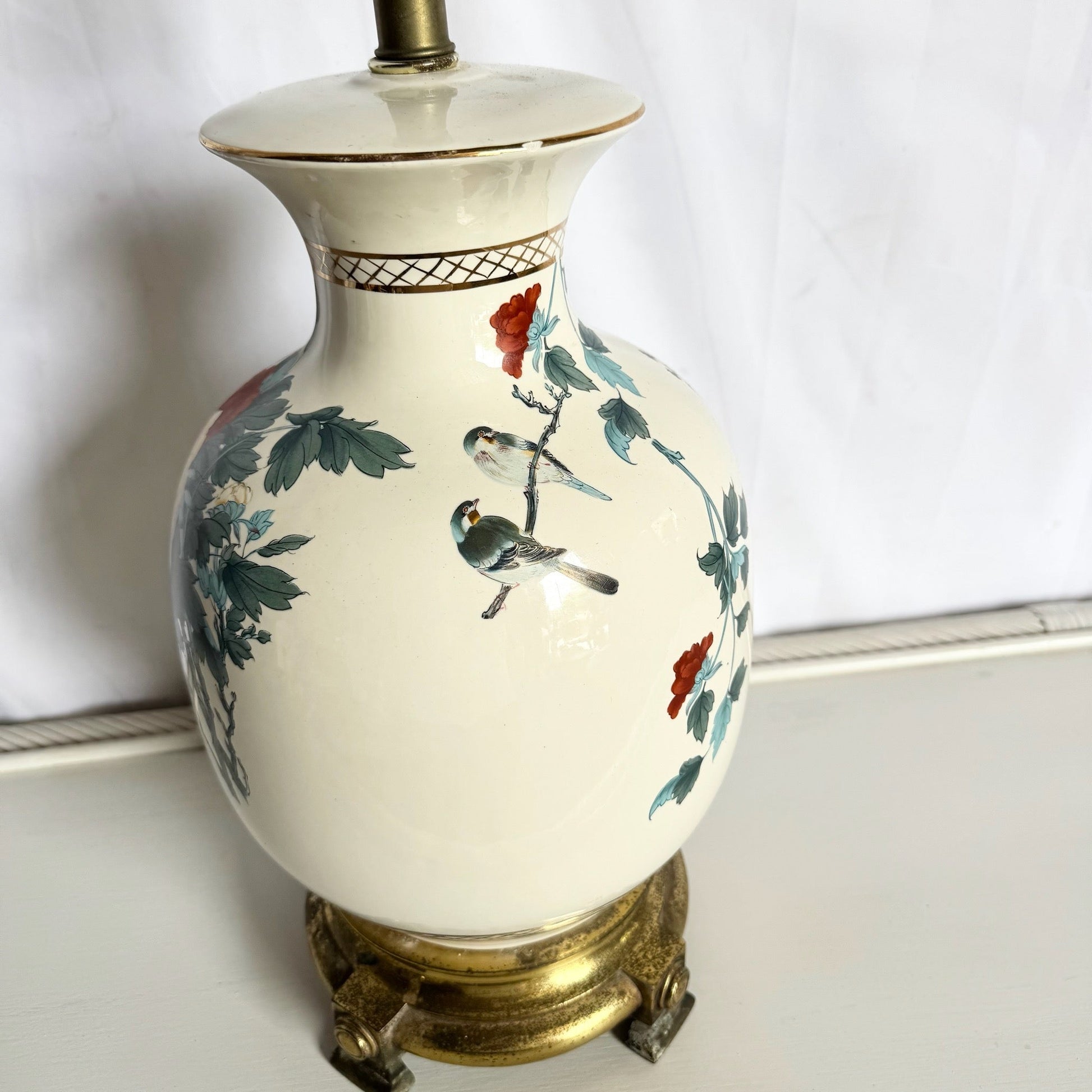 Vintage Chinese Hand Painted Porcelain Table Lamp on Brass Base - Dolphin & Flamingo