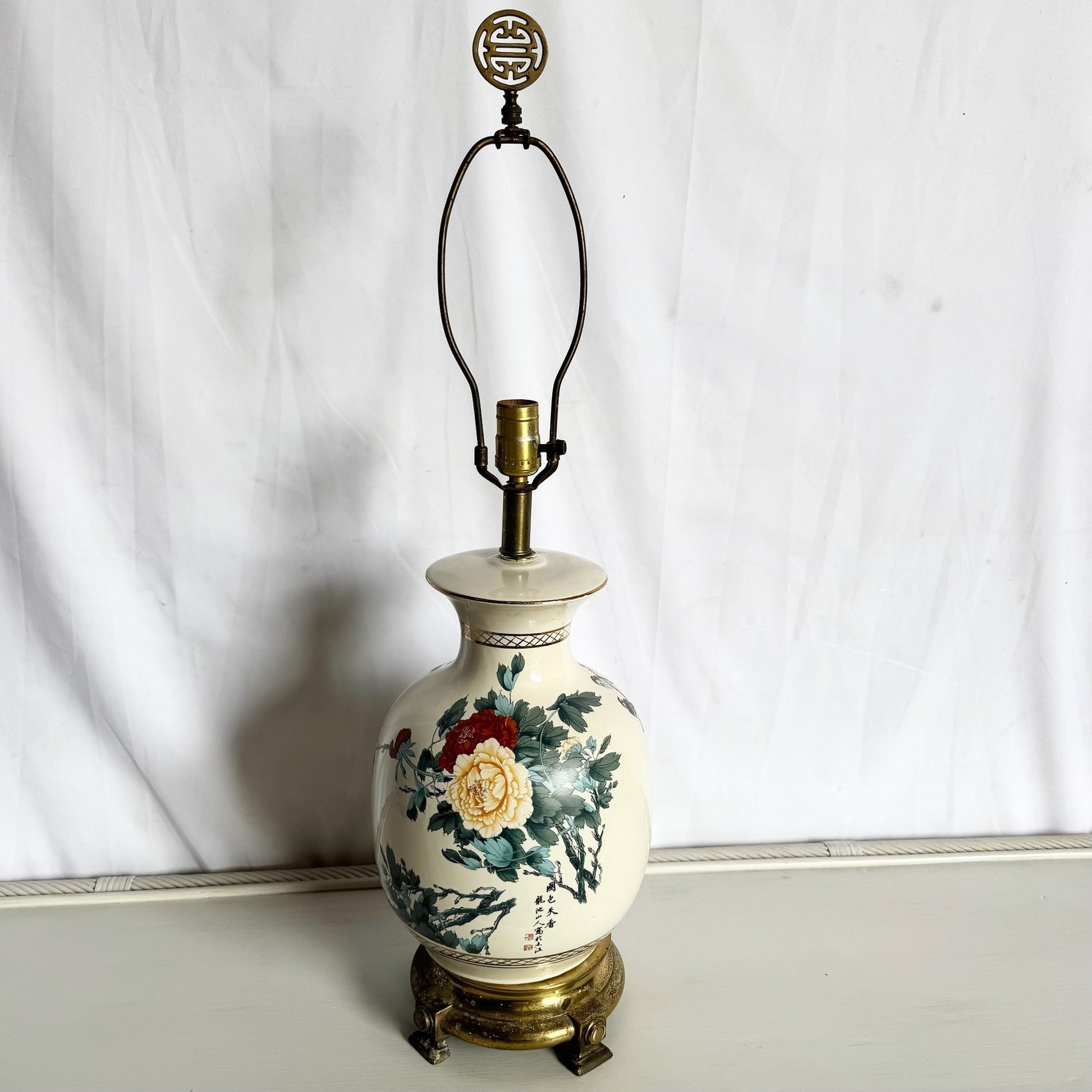 Vintage Chinese Hand Painted Porcelain Table Lamp on Brass Base - Dolphin & Flamingo