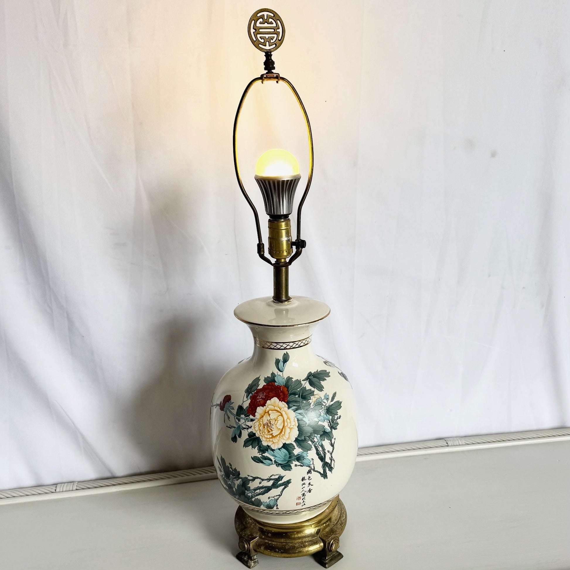 Vintage Chinese Hand Painted Porcelain Table Lamp on Brass Base - Dolphin & Flamingo