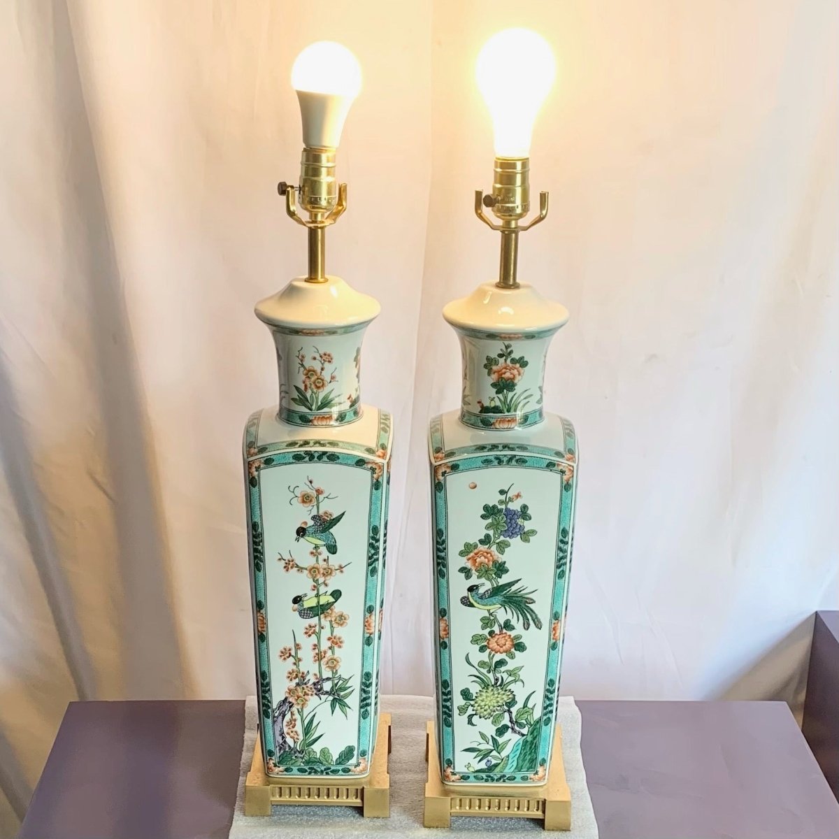 Vintage Chinese Hand Painted Porcelain Table Lamps on Brass Base - A Pair - Dolphin & Flamingo