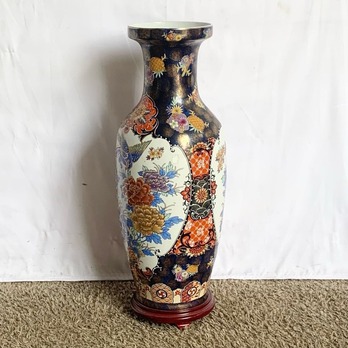 Vintage Chinese Hand Painted Porcelain Vase With Wooden Base - Dolphin & Flamingo