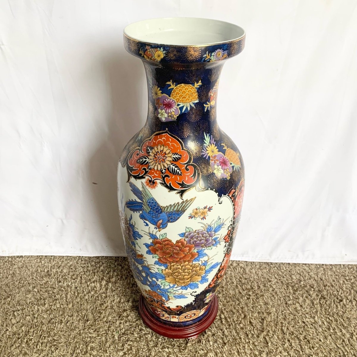 Vintage Chinese Hand Painted Porcelain Vase With Wooden Base - Dolphin & Flamingo