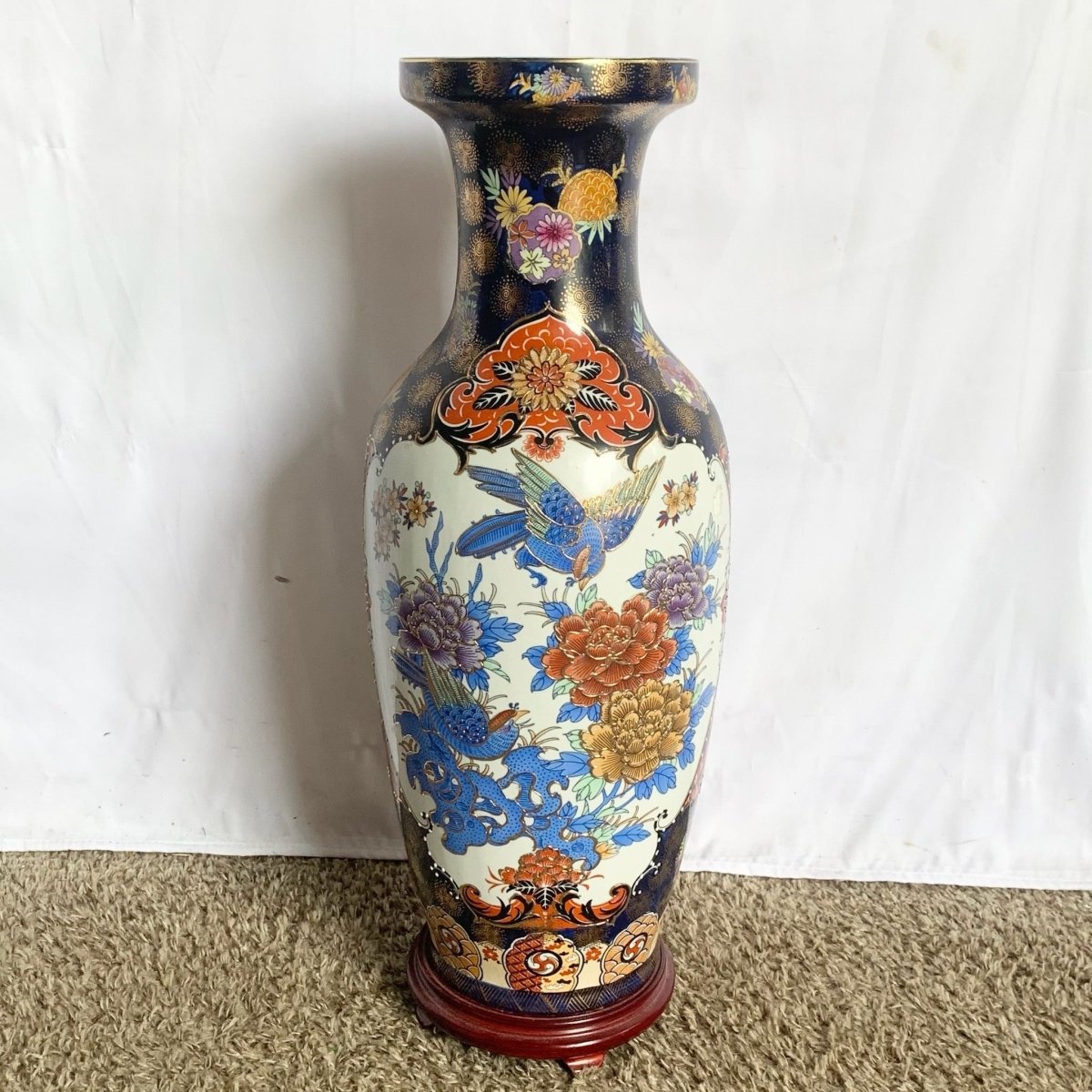Vintage Chinese Hand Painted Porcelain Vase With Wooden Base - Dolphin & Flamingo