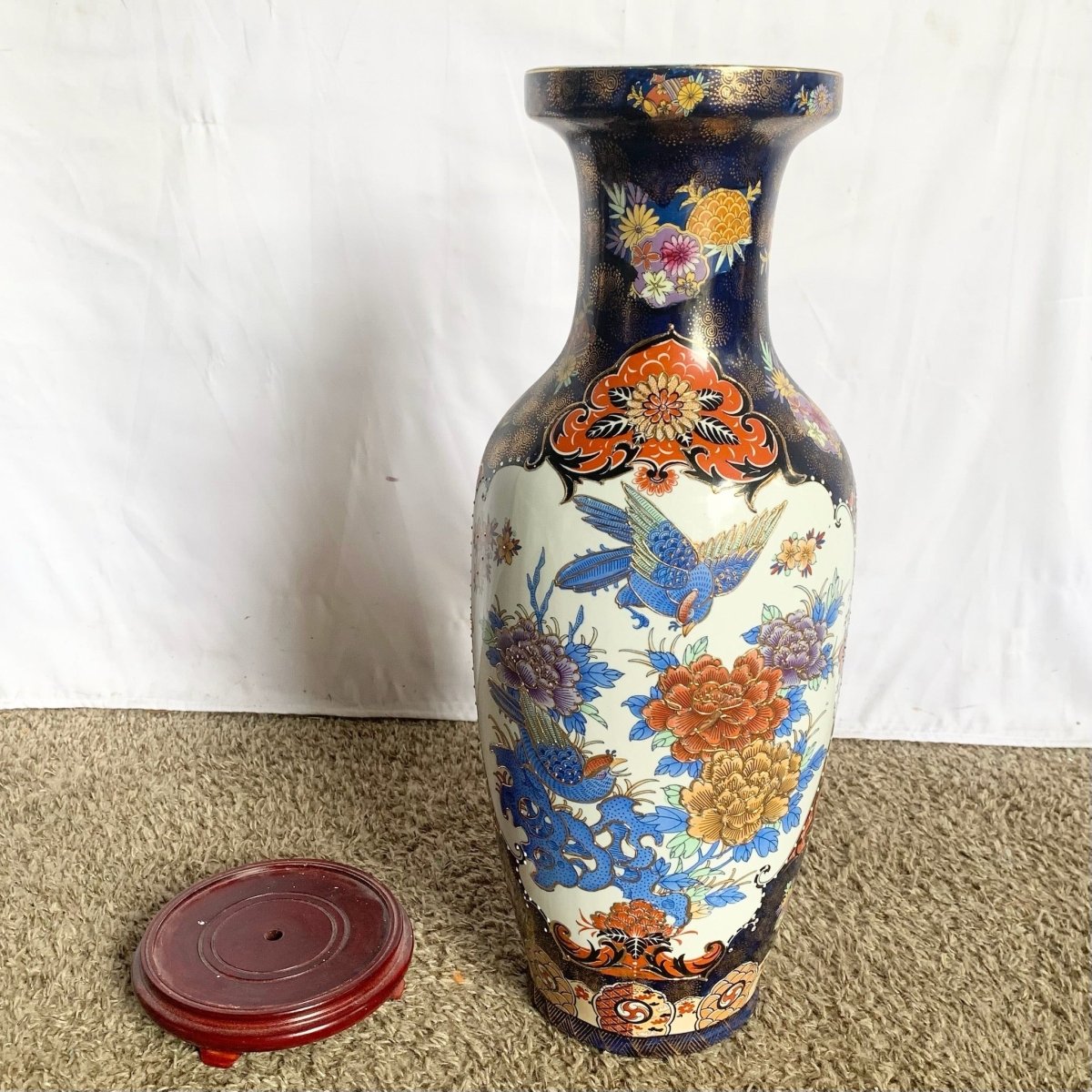 Vintage Chinese Hand Painted Porcelain Vase With Wooden Base - Dolphin & Flamingo