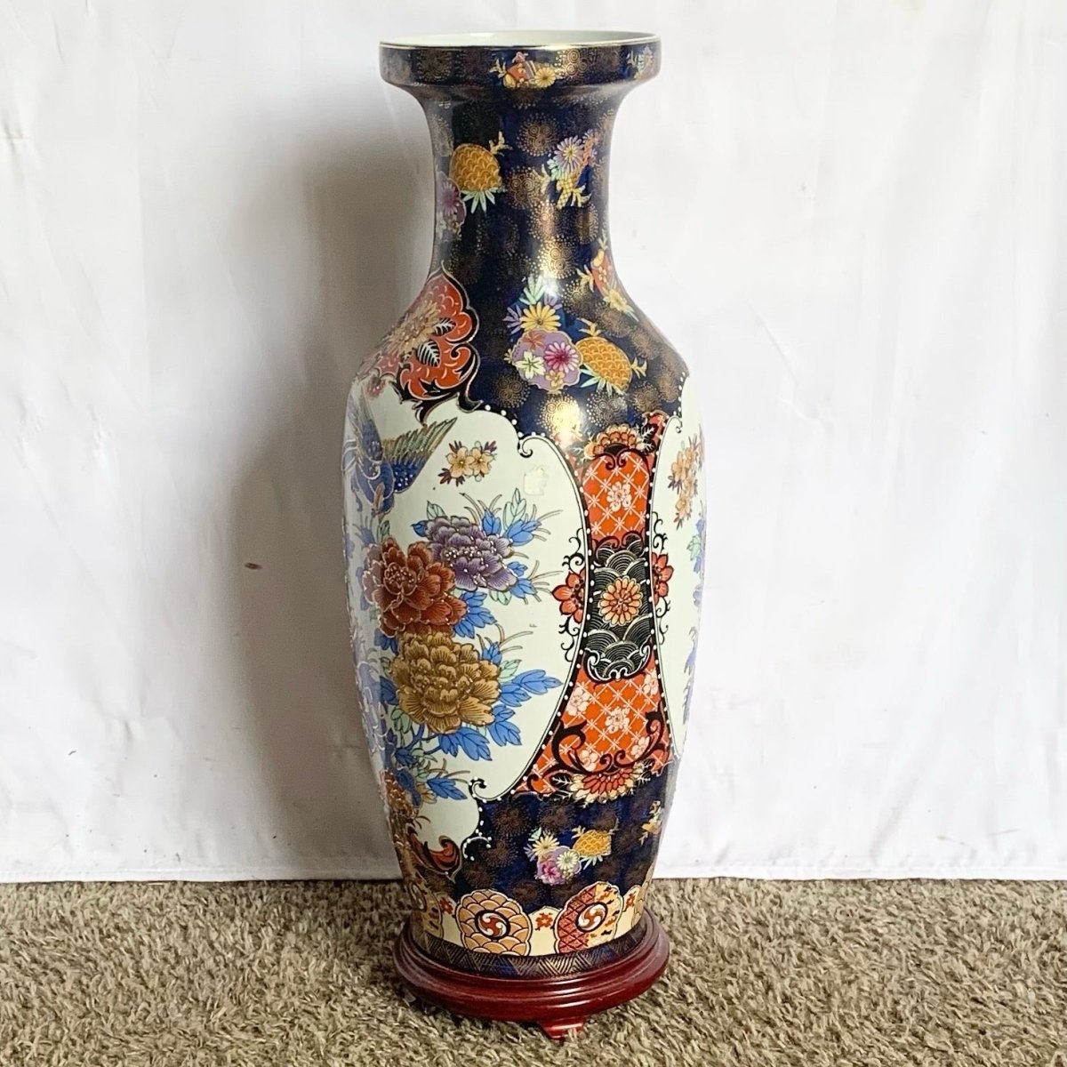 Vintage Chinese Hand Painted Porcelain Vase With Wooden Base - Dolphin & Flamingo
