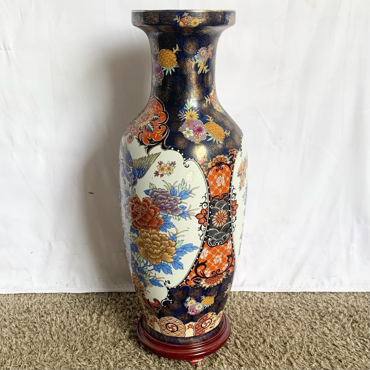 Vintage Chinese Hand Painted Porcelain Vase With Wooden Base - Dolphin & Flamingo