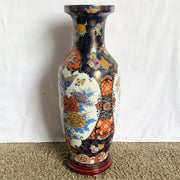 Vintage Chinese Hand Painted Porcelain Vase With Wooden Base - Dolphin & Flamingo