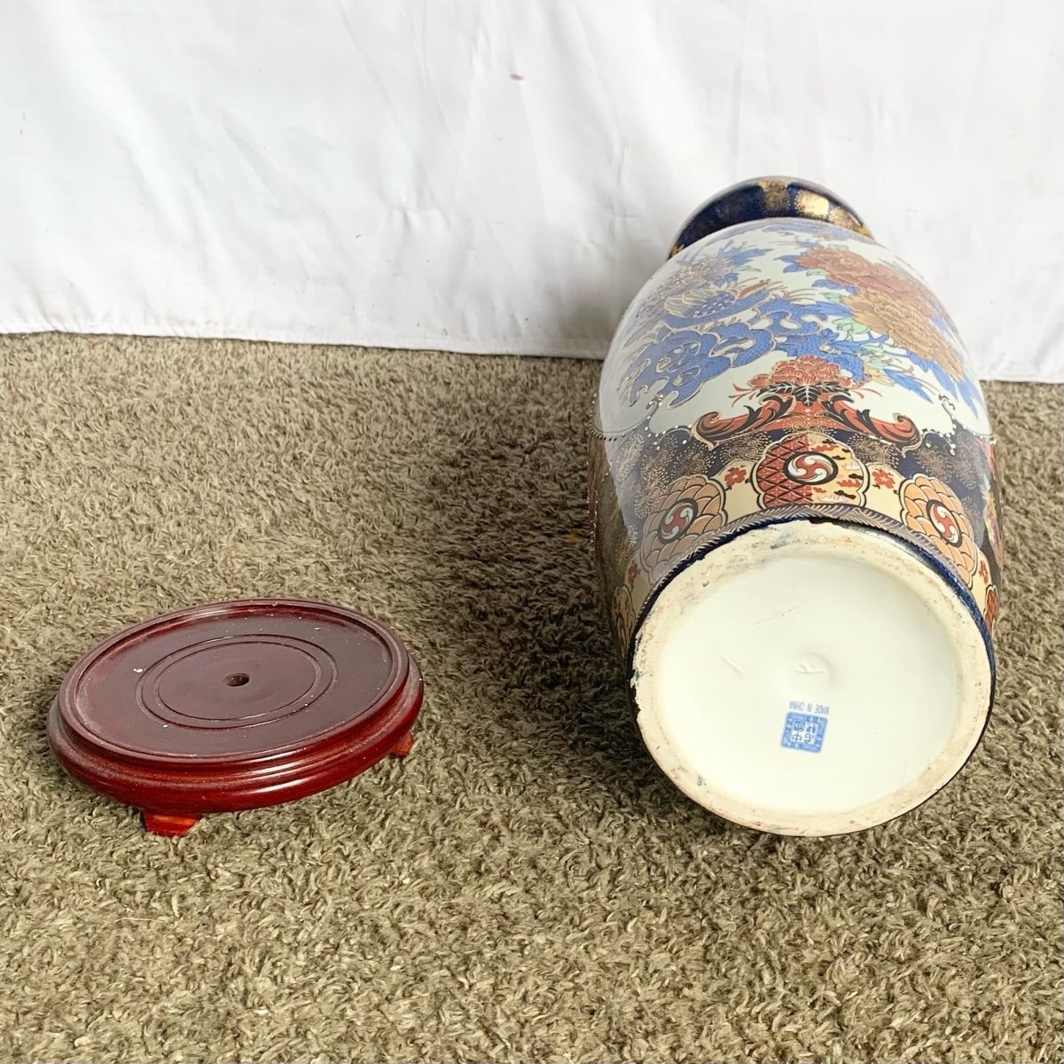 Vintage Chinese Hand Painted Porcelain Vase With Wooden Base - Dolphin & Flamingo