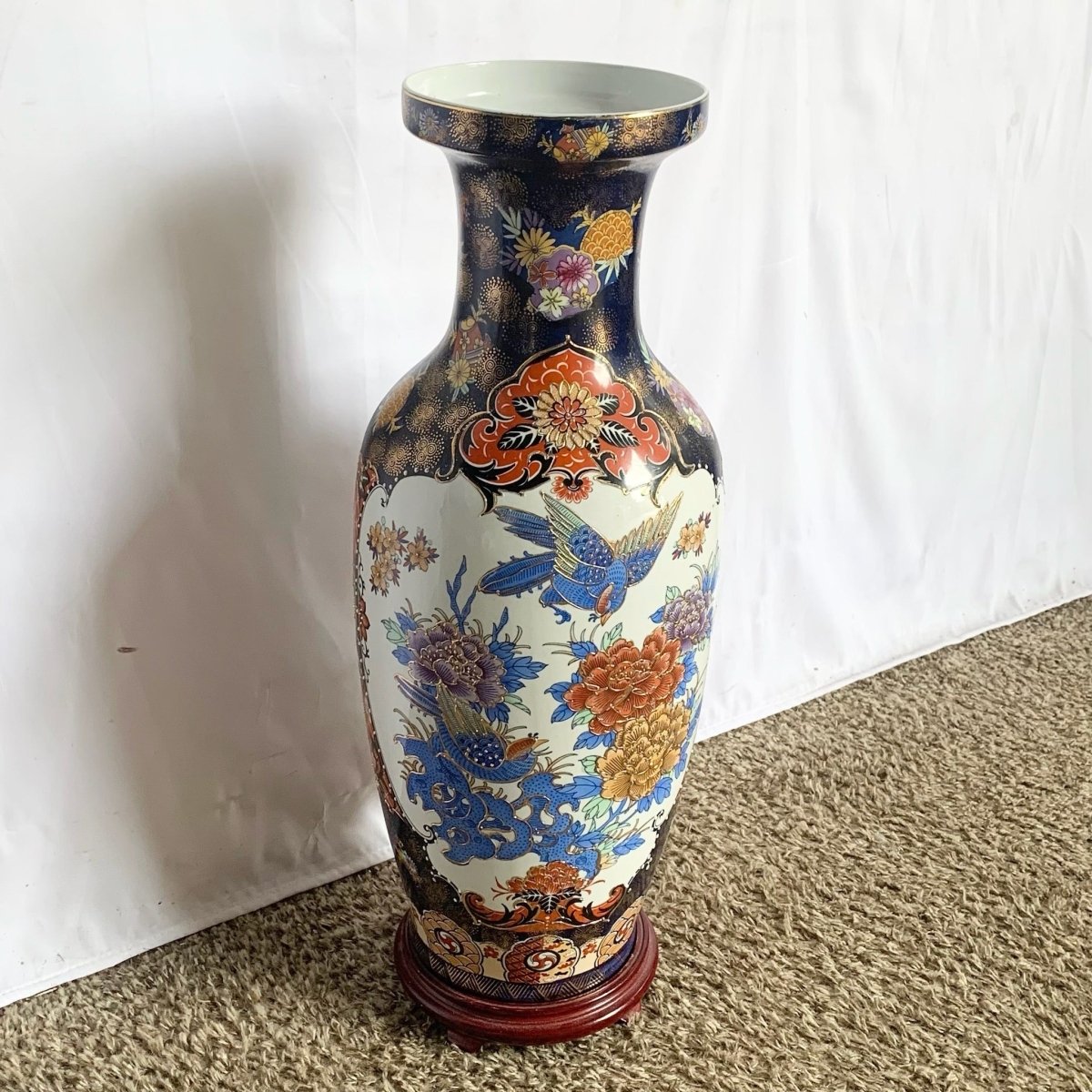 Vintage Chinese Hand Painted Porcelain Vase With Wooden Base - Dolphin & Flamingo